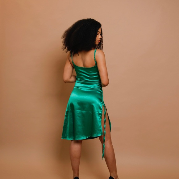 Emerald Satin Mini Dress |Adjustable Straps/Slit Detail/Holiday Party–Size S M L - Picture 9 of 13